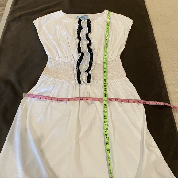 Prada White Poplin Surplice Smocked Waist Black Ruffle Dress Size IT 42- US 6 - Picture 8 of 12